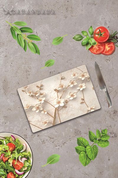 Saban 20X30 cm Artificial Roses Patterned Glass Cutting Board