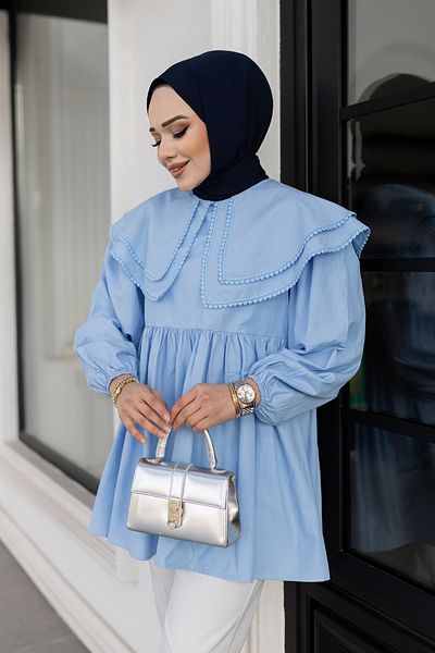 LOCCO Cămașă de damă Baby Blue - Guler dublu și Guipure
