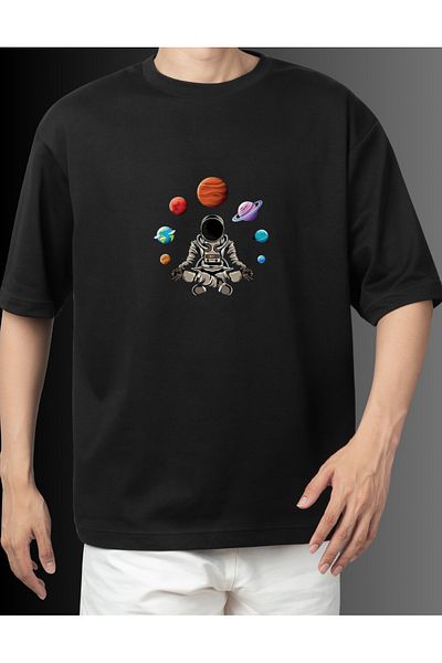 VİP ZERON HOME FASHIONS Astronaut and Planets Design Black Oversize Basic t Shirt