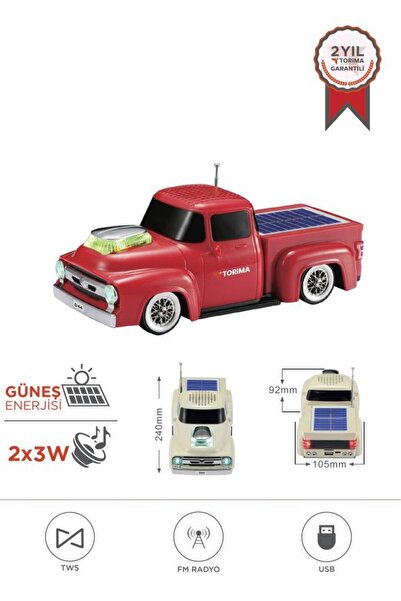 Torima Bluetooth Hoparlör Güneş Enerjili Kamyon Tasarımlı FM USB TF Speaker D44 Kırmızı