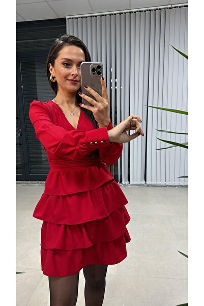 caddstore Ms Kırmızı Bel Drapeli Kat Kat Elbise