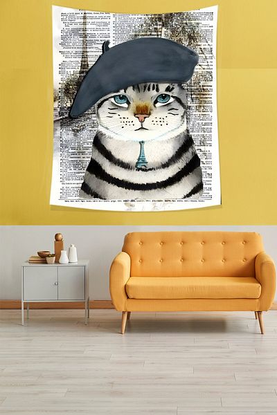 on the clouds Eiffel Tower Patterned - Necklace, Painter Hat, Cat Stain Resistant Fabric Wall Tapestry