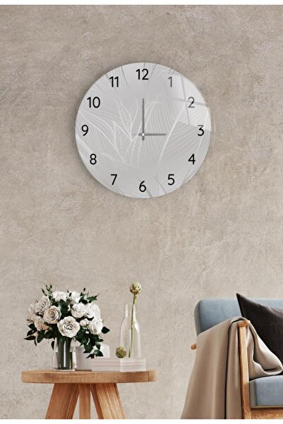 Saban Çap 37 Cm Gümüş Yapraklar Dekoratif Cam Saat