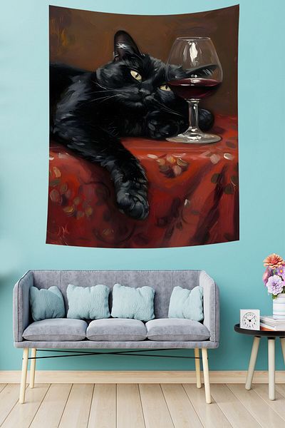 on the clouds Wine and Black Cat in a Glass Funny Stain Resistant Fabric Wall Cover Wall Tapestry Tapestry