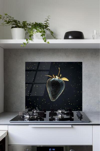 Saban واقي موقد زجاجي بنمط الفراولة الذهبية مقاس 60 × 70 سم