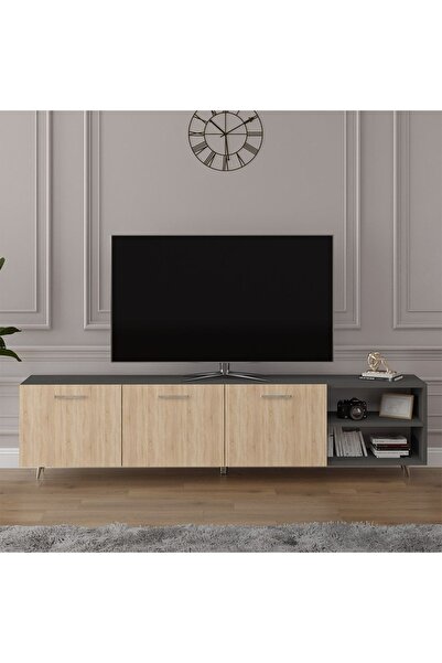 asratrend Asra Trend MDF Koyu Gri/Sonomo TV Ünitesi - 200 cm, Şık & Modern Ta...