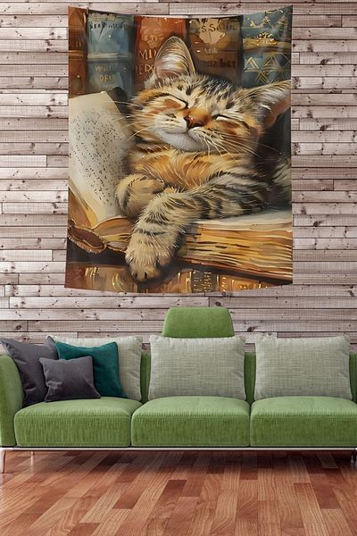 on the clouds Сладък котешки гоблен с шарка и затворени очи, устойчив на петна