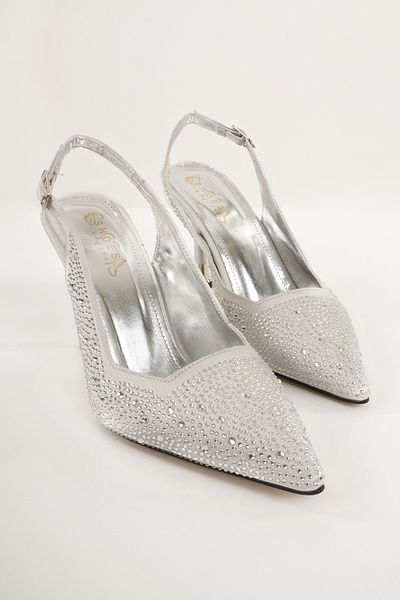Eray Women's Silver Open Back Pointed Toe Stone Evening Shoes