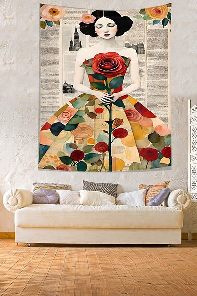 on the clouds Vintage Floral Print Girl Nostalgic Tapestry - Art Stain-Proof Fabric Wall Cover