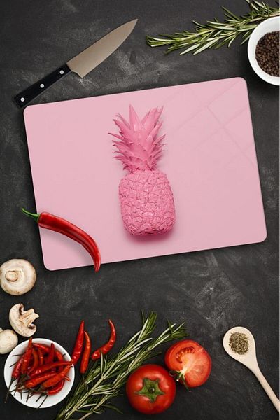 Saban 29X34 cm Pink Pineapple Patterned Glass Cutting Board