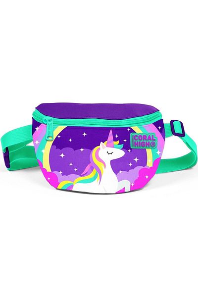 Coral High Purple Green Unicorn Printed Girl's Daily Waist Bag