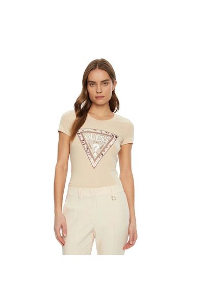 Guess Ss Cn Cheeta Logo Triangle Tee Women's Brown T-Shirt W5Ri22J1314-G1M5