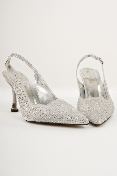 Eray Women's Silver Open Back Pointed Toe Stone Evening Shoes