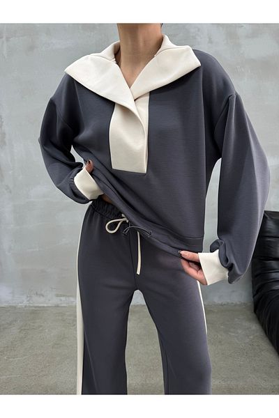 BRTC design Women's Anthracite - Beige Stripe Handkerchief Collar Sweatshirt Tracksuit Set
