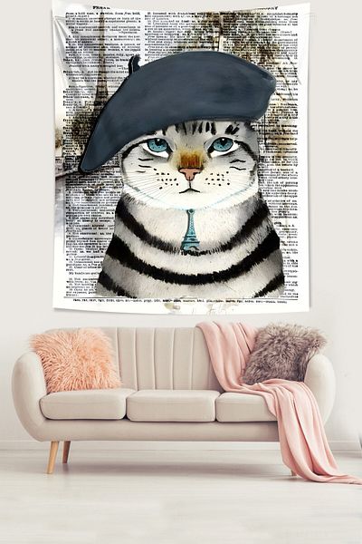 on the clouds Eiffel Tower Patterned - Necklace, Painter Hat, Cat Stain Resistant Fabric Wall Tapestry