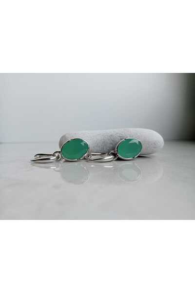 GÜMÜŞ Papila Silver Su Yeşili Zirkon Taşlı Oval J Klipsli Gümüş Küpe