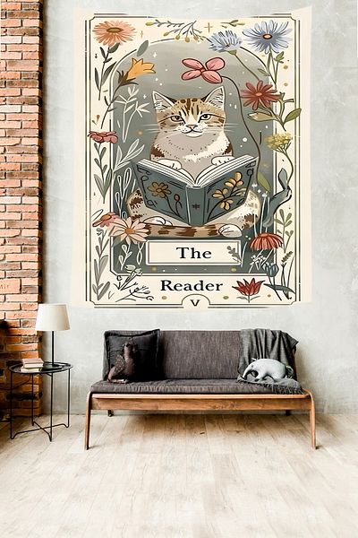 on the clouds The Reader Cat Floral Pattern Stain Resistant Fabric Wall Cover Wall Tapestry