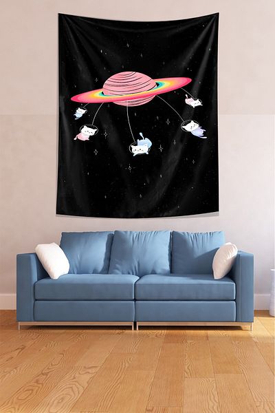 on the clouds Planet Astronaut Cats Black Hard-Wear Tapestry - Wall Cover & Carpet