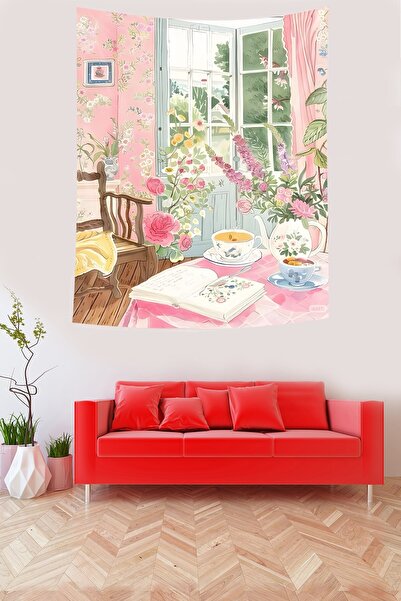 Pelangi Pembe Bohem Bahar Manzara Desen Çiçekli Leke Tutmaz Kumaş Duvar Örtüsü Duvar Halısı Tapestry