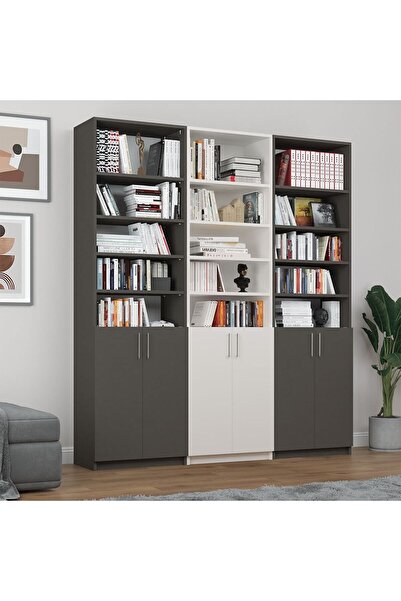 asratrend Asra Trend MDF Beyaz/Koyu Gri Kapaklı Kitaplık – Ayarlanabilir Raf,...