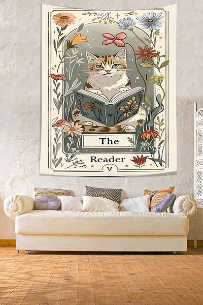 on the clouds The Reader Cat Floral Pattern Stain Resistant Fabric Wall Cover Wall Tapestry