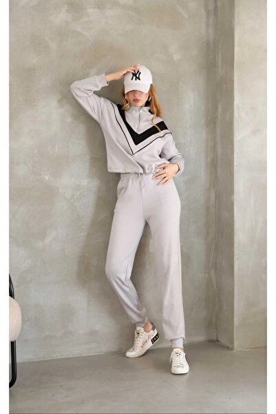 02Lady Fashion Stand Collar Half Zipper Garnished Modal Fabric Set