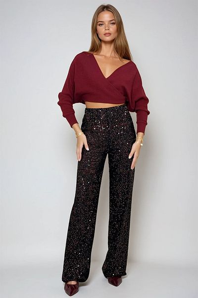 VAGGON Pantaloni Palazzo cu paiete cu talie înaltă de damă bordeaux