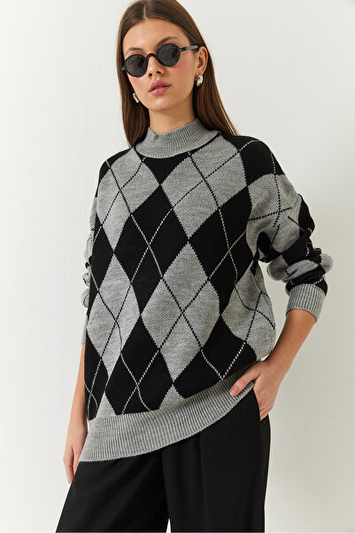 Bianco Lucci Pulover de damă, cu model diamant, pe jumătate, cu gâtul rotit, supradimensionat, tricotaj gros 60261376