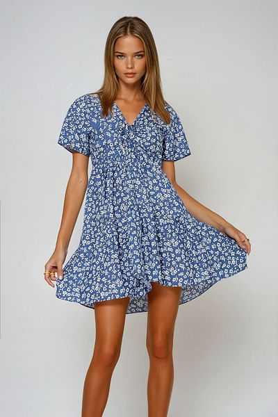 VAGGON Rochie de damă, albastră, cu decolteu în V, cu imprimeu floral