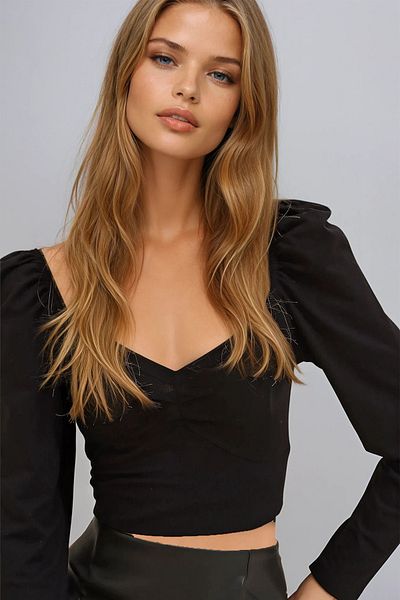 VAGGON Γυναικεία Σκούρα Μαύρη Μπλούζα Kiss Collar Princess Sleeve Crop