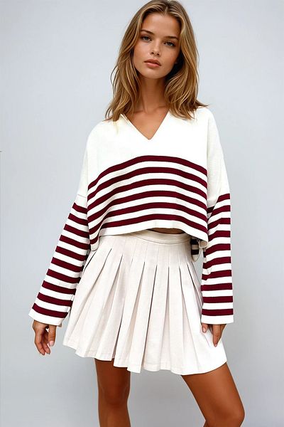 VAGGON Pulover crop cu dungi de damă bordeaux