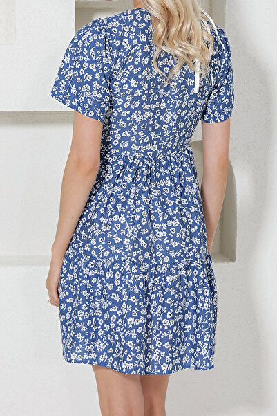 VAGGON Γυναικεία φούστα με λουλουδάτο στάμπα με λαιμόκοψη σε μπλε χρώμα