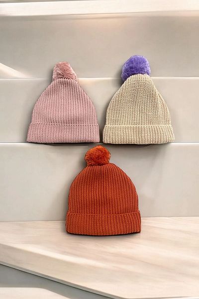 AYDINER TEKSTİL Girl and Baby Pompom 3-Piece Beanie Set (3-8 Years)