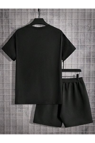 BYMEER Black Boston Printed Bottom Top Shorts T-Shirt Set