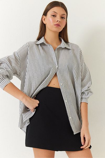 Bianco Lucci Women's Woven Striped Oversize Standard Basic Shirt 2021 60271073