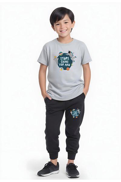 YA KO KİDS Shine Astronaut Printed Boys' Short Sleeve Double Pocket Bottom-Top Suit