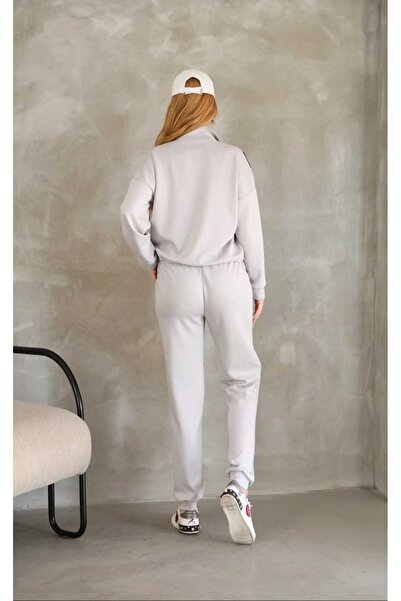 02Lady Fashion Stand Collar Half Zipper Garnished Modal Fabric Set