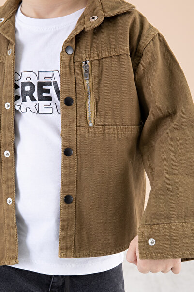 Cansın Mini Boy's Tan Zipper Pocket Text Printed T-Shirt Jacket 20093