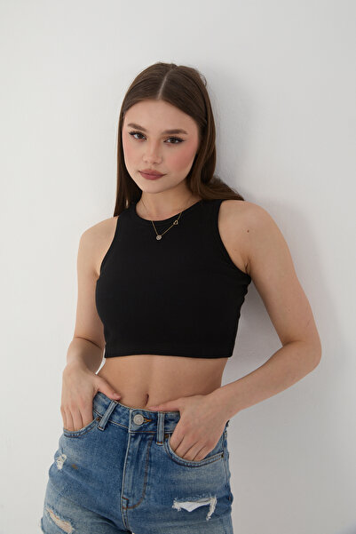 Wearflawless Siyah Halter Yaka Fitilli Crop Atlet Bluz