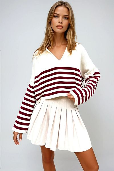 VAGGON Pulover crop cu dungi de damă bordeaux