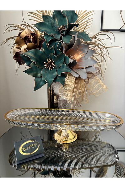 ARS COLLECTION Kaveh Large Oval Gilded Butterfly Metal Pedestal Presentation Plate, Cookie Dish Special Design Decorative