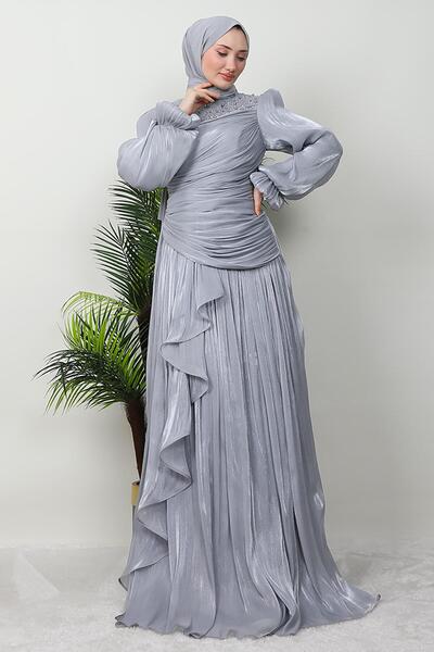 GİZ AGİYİM Gray Hijab Tulin Evening Dress