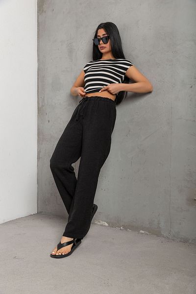 Maule Wide Cut Black Muslin Women's Trousers - Lace-up and Elastic Pocket @lugo