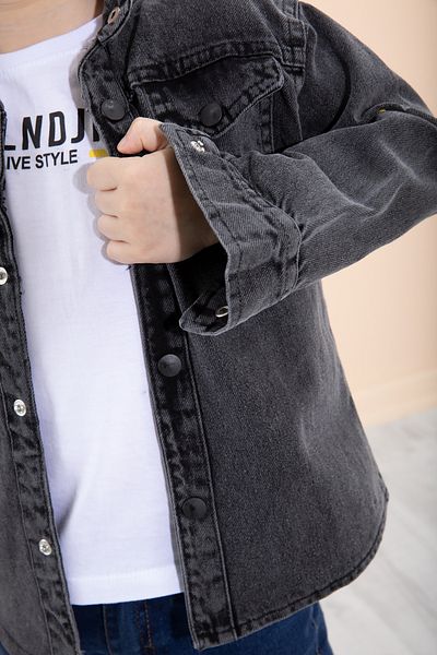 Cansın Mini Cămașă Jeans pentru băieți - afumată, cu gât crew, tricou și imprimeu la spate 20087