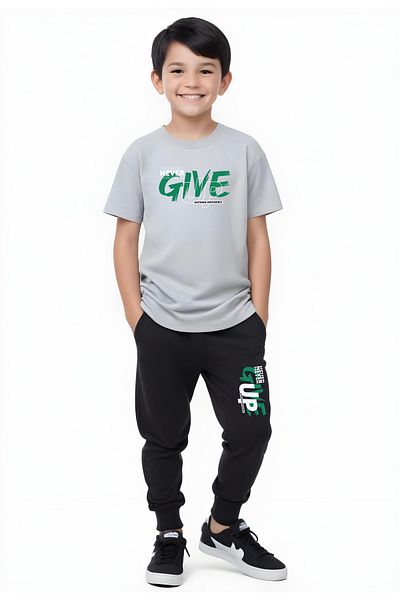 YA KO KİDS Never Give up Printed Boys' Short Sleeve Double Pocket Bottom-Top Suit