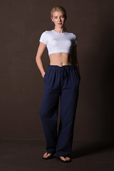 Maule Γυναικείο παντελόνι με κορδόνια με κορδόνια από 100% βαμβακερό ύφασμα μουσελίνας Navy Blue @lugo