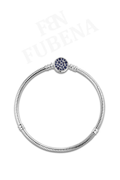 Fubena Işıltılı Mavi Disk Klipsli Gümüş Bileklik Charm Taşıyıcı - 21cm