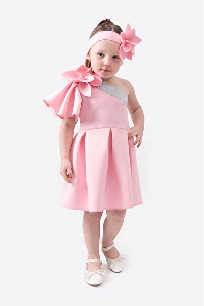 Magu Pink Flower Patterned Girl's Dress - Single Shoulder, Bandage, Diving Fabric