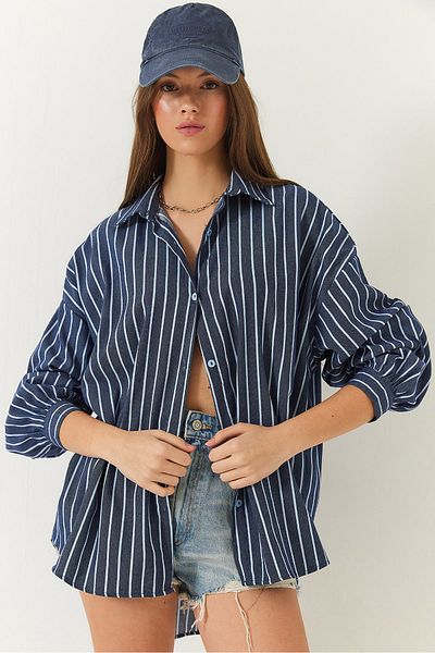 Bianco Lucci Dünn gestreiftes Oversize-Standard-Basic-Shirt für Damen 2021 60271025