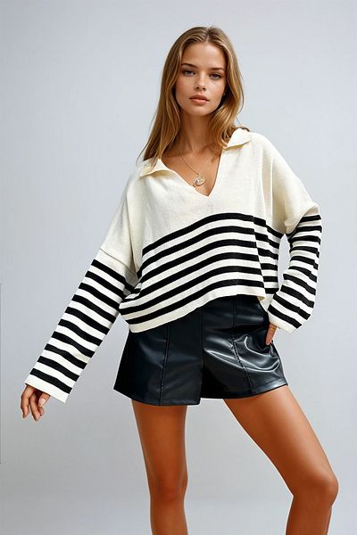 VAGGON Women's Ecru Polo Neck Striped Crop Sweater